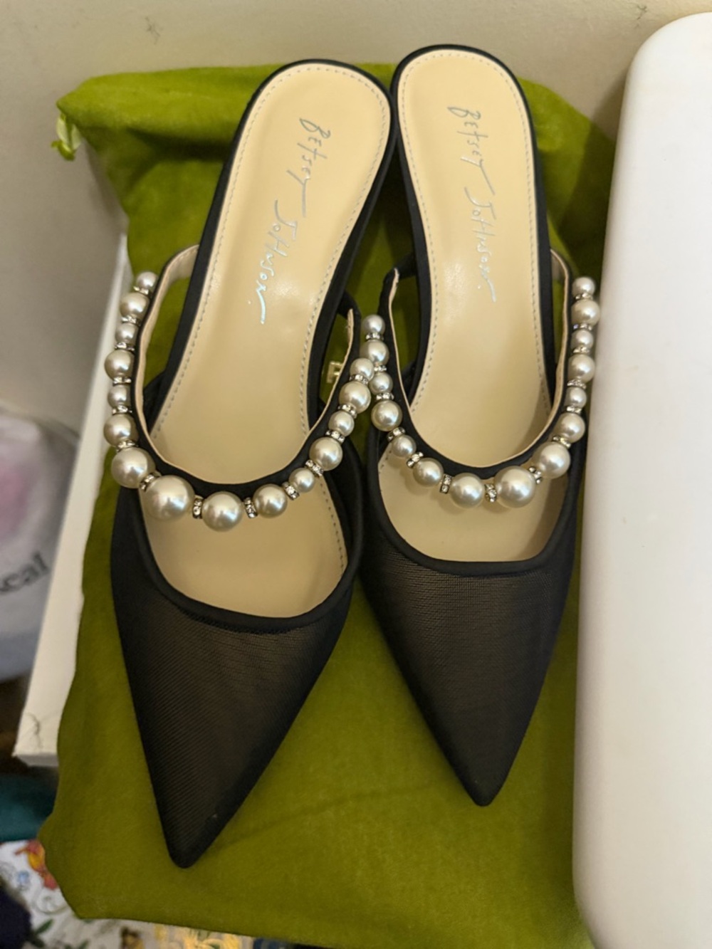 Betsey Johnson Black Pointed Mesh Mules with Pearl Strap